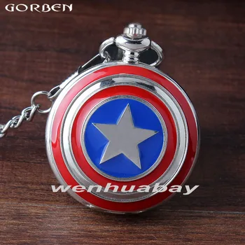 

New Fashion Captain America Design Silver Quartz Pocket Watch Men Pocket Watch Best Gifts With Fob Chain Necklace Pendant P334