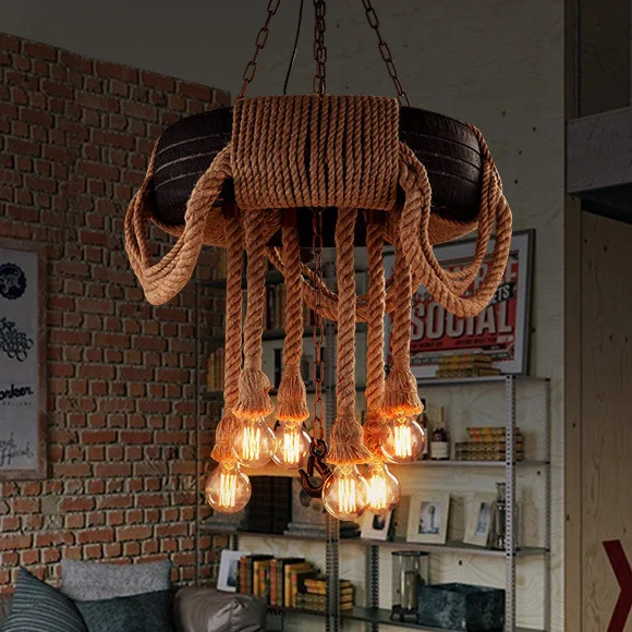 American Industrial Hemp Rope Tyre Pendant Lights Fixture