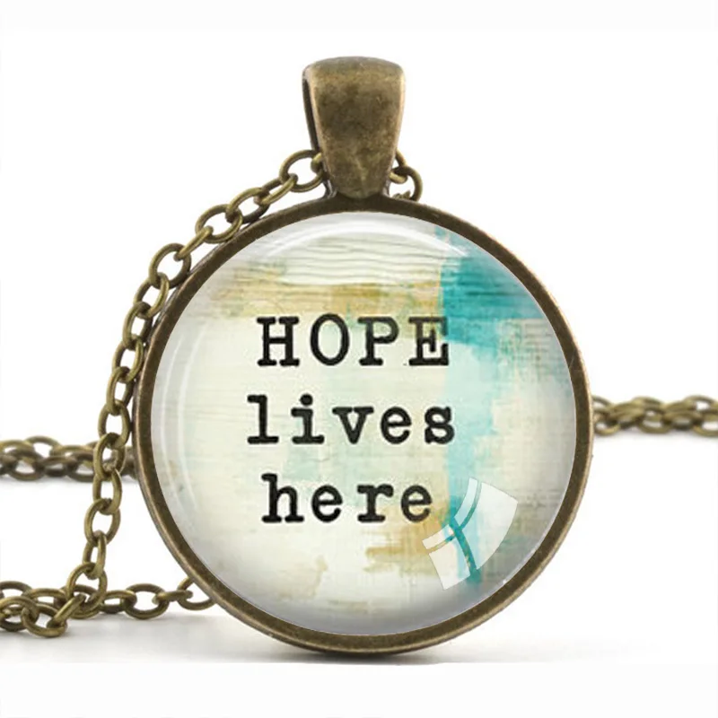 Hope Lives Here Inspirational Quote Pendant Necklace Glass Art Print Jewelry Inspiration Teacher