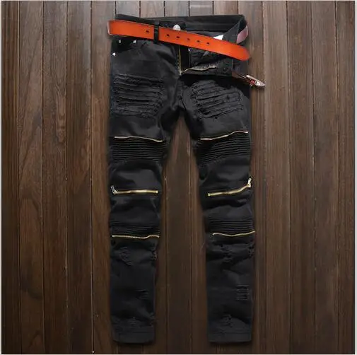men pants Отверстие Жан hommes обтягивающие Мужские джинсы Рваные колено молния Мода повседневное Slim fit байкер джинсы для женщин хип хоп destroy стрейч джинсовые штаны - Цвет: men pants