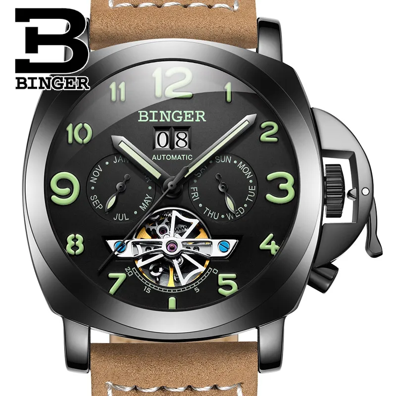

Sports Military Watch BINGER Luminous Mechanical Watch Men Leather Strap Waterproof Automatic Wristwatch Calendar Week Function