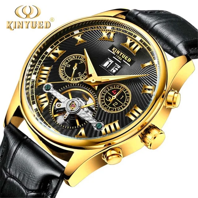 KINYUED Automatic Mechanical Watches Men Top Brand Luxury Tourbillon Stainless Steel Waterproof Man Watch Reloj Hombre - Цвет: Gold Black Leather