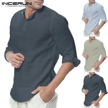 

INCERUN Casual Men Shirts Long Sleeve Henley Collar V Neck Basic Plain Loose Fit 5XL Camisa Masculina Beach Men Clothing Chemise