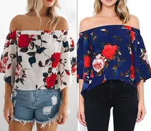 Women Blouses Off shoulder Tops Femme Summer Chiffon floral Blouse Back Split Cool Shirts Kimono Blusas Feminina