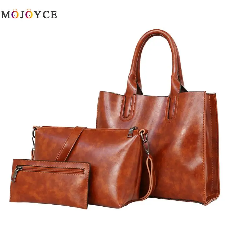 3 Pcs/Set Oil Wax Leather Women Bag Leather Handbags Female Trunk