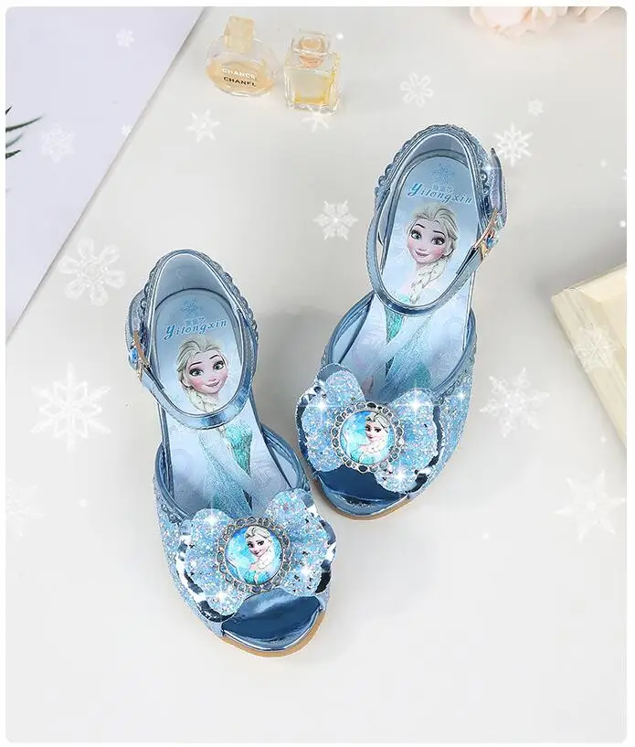Сандалии для девочек, детская обувь принцессы, сандалии на высоком каблуке, сандалии с открытым носком, с рисунком Эльзы, детская обувь
