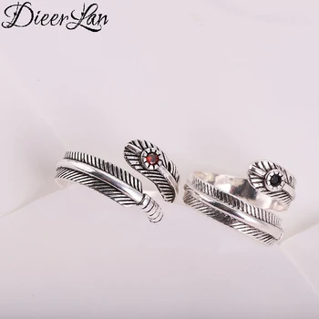 

DIEERLAN Bohemian Vintage Red Black Feather 925 Sterling Silver Big Ring for Women Ladies Statement Jewelry Antique Finger Rings