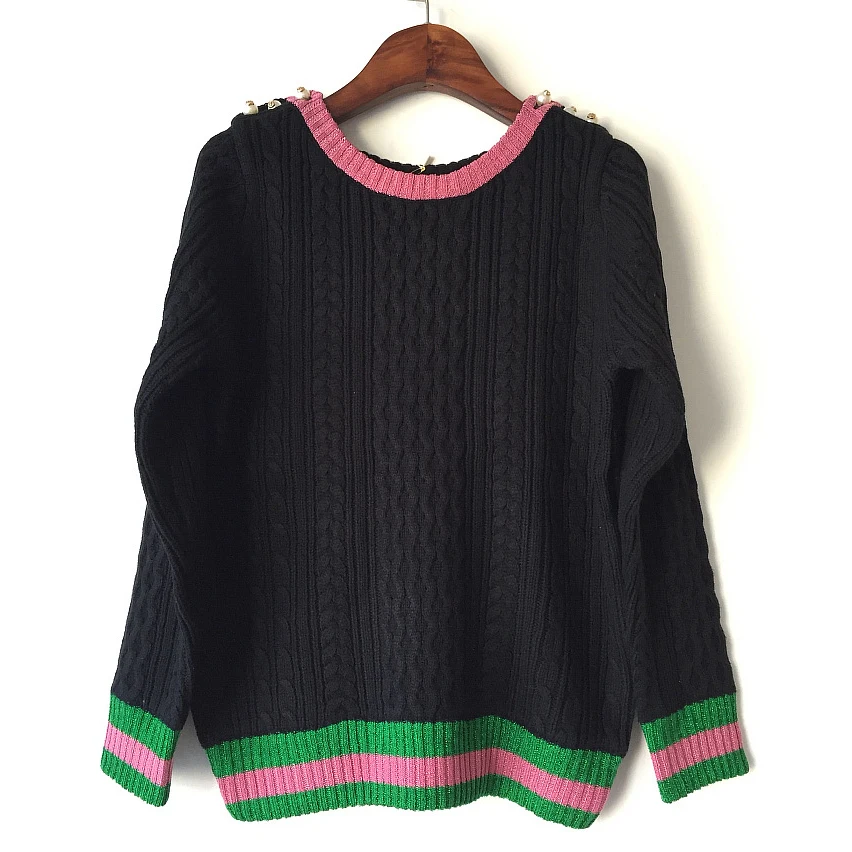 2017 пуловер с круглым вырезом контрастные Цвета раскаты Украшенные вязаный свитер Топ
