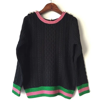 

2017 O-neck Pullover Contrasting Colors Peals Decorated Knitted Sweater Top