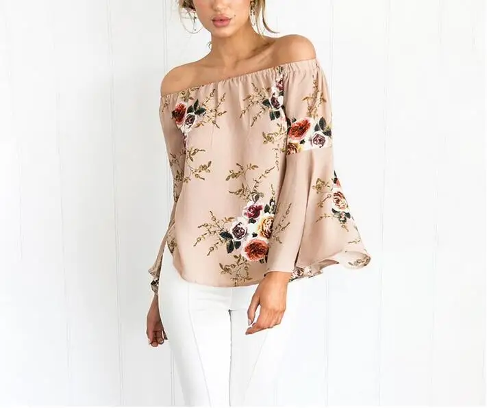 2017 Off Shoulder Chiffon Blouse Print Shirt Women Summer Sexy Tops Casual Flare Sleeve Blusas Feminina Female Blouses |