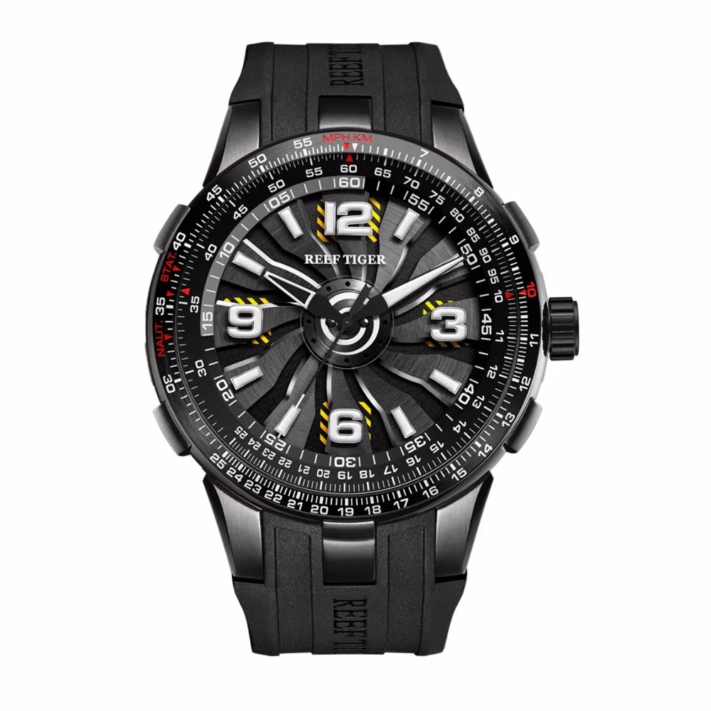 New Reef Tiger/RT Men’s Sport Automatic Watches Black Steel Engine Whirling Dial Military Watches RGA3059