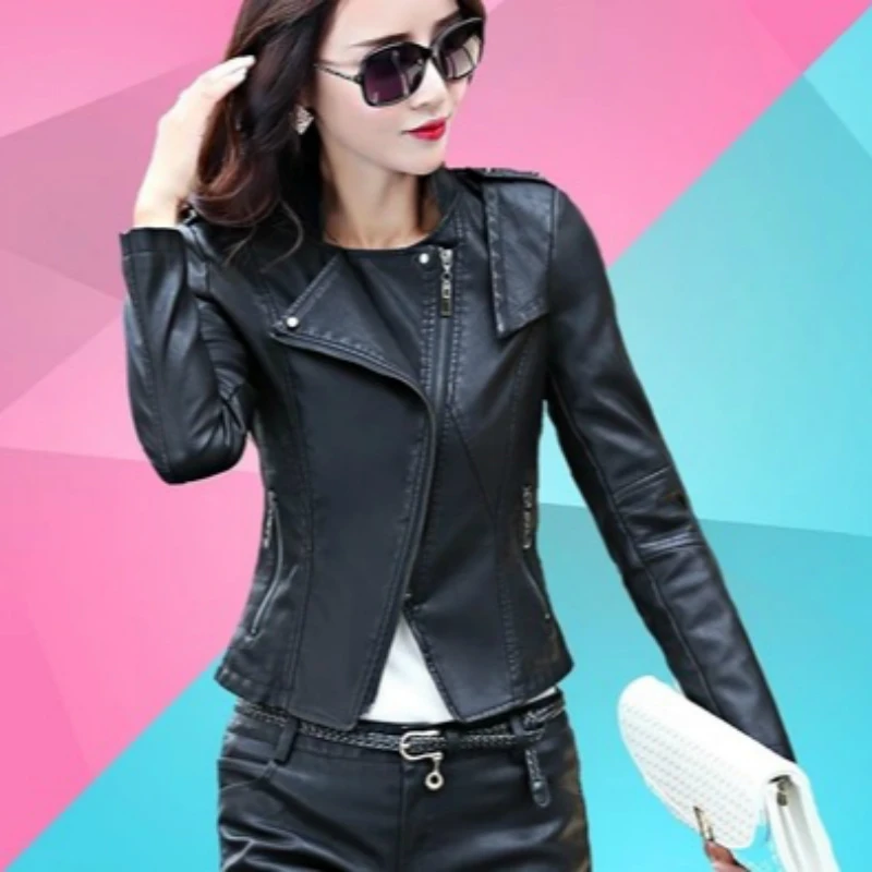 

New Fashion Rivets Pu Leather Bomber Jacket Women Stand Collar Short Slim Motorcycle Pu Leather Jacket Outerwear Womens Casaco