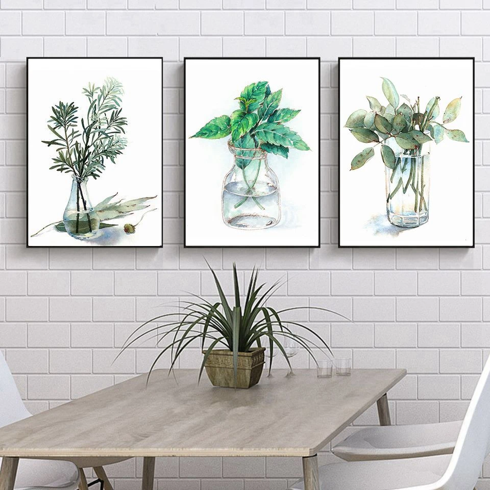 Green Plants Vase Art Prints Leaves Poster Wall Picture Home Decor