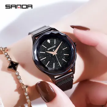 

SANDA New Magnet Buckle Fashion Quartz Watch Women Stainless Steel Strap Ladies Wristwatches Waterproof Luxury Reloj Mujer