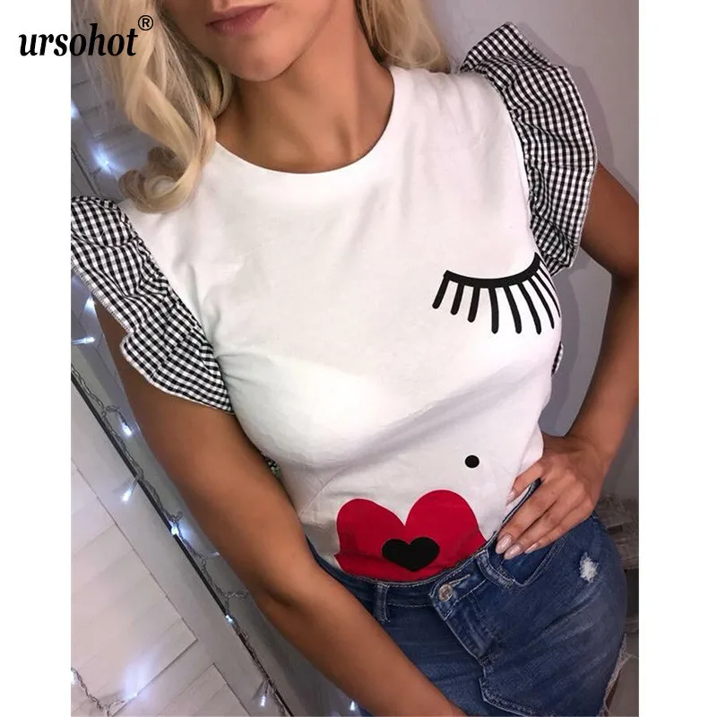 

Ursohot Cut Eyelashes Lip Print Girls T-Shirts Women 2019 Summer Plaid Ruffles Patchwork Casual Tee Tops Streetwear Tee Shirts
