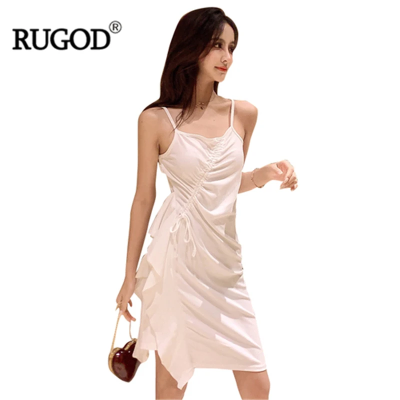 

RUGOD Bodycon dress solid ruffles tie slim spaghetti strap sheath mini dress women 2019 new fashion female vintage sexy casual