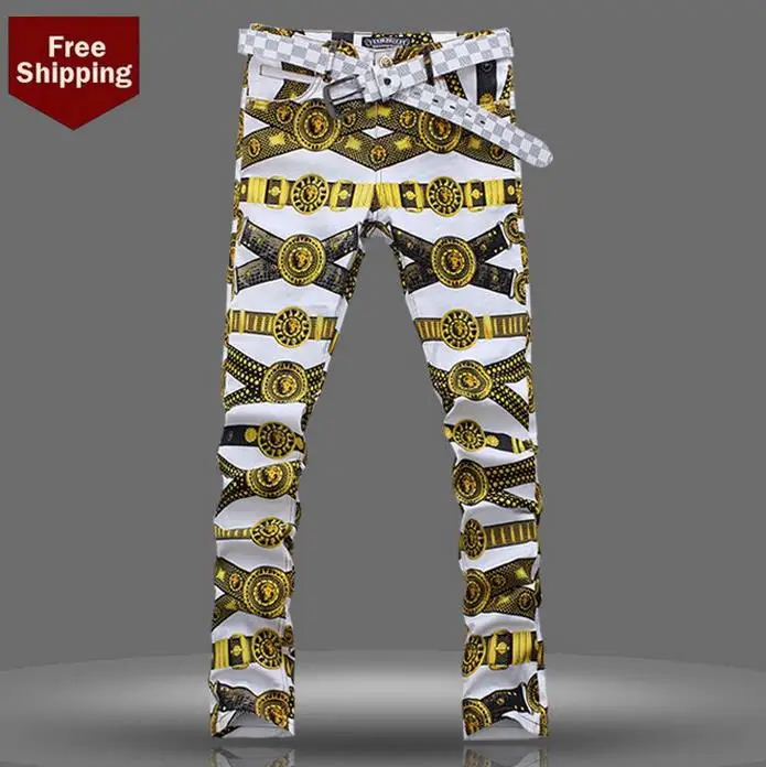

Autumn dance drawing printed skinny 1 jeans men pant man denim trousers feet straight slim famous brand british style