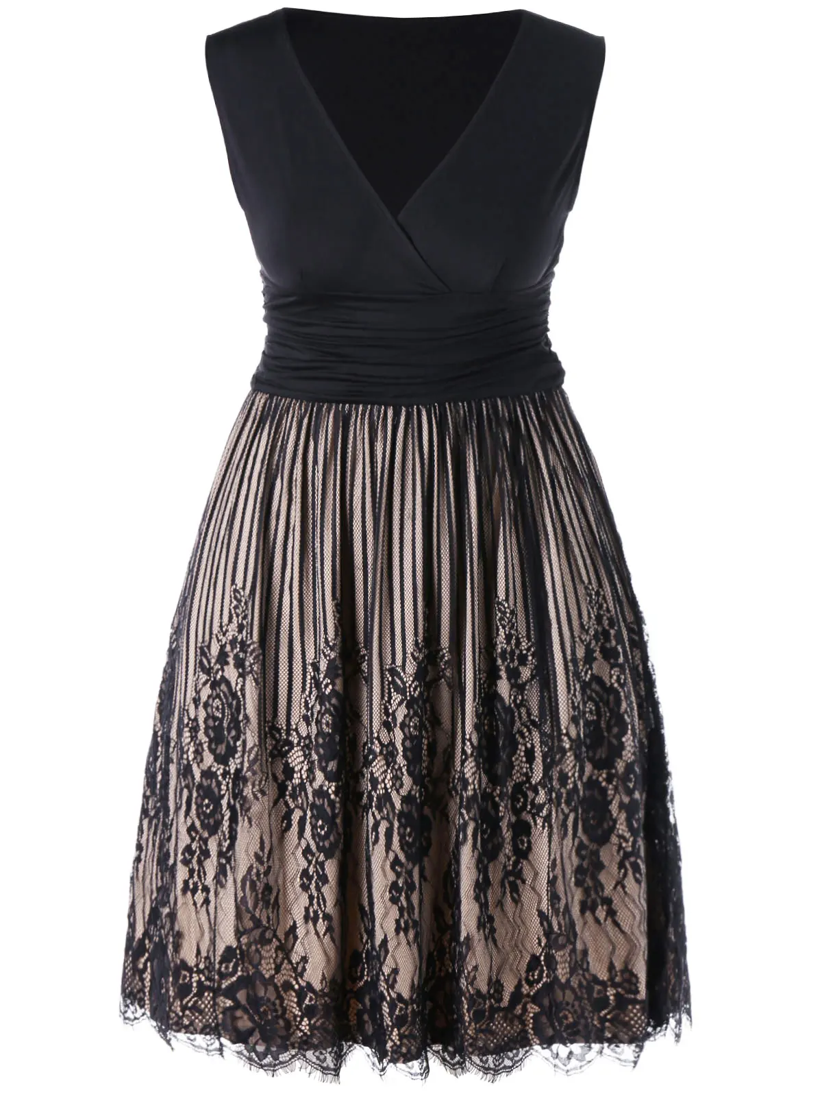

Wipalo Sleeveless V Neck Plus Size Surplice Lace Panel Women Dress Ruched Floral Lace Dress Woman Mid-Calf Dress Size XL