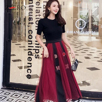

ZEERO Knitted Women 2 Pieces Set Dress 2019 Spring Summer Black Short Sleeve T Shirt + Mesh Beading Letter Long Skirt Suits