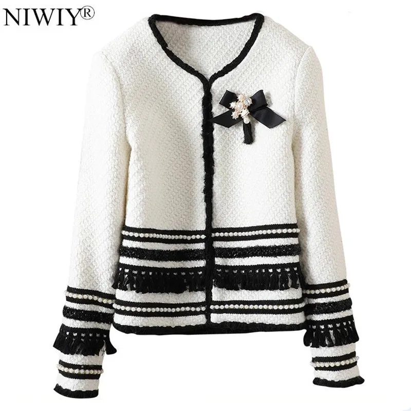 NIWIY Brand Autumn Short Bead Woollen Tweed Women Jacket Tapados Mujer Invierno 2018 Winter Long Sleeve Black Jacket N8502