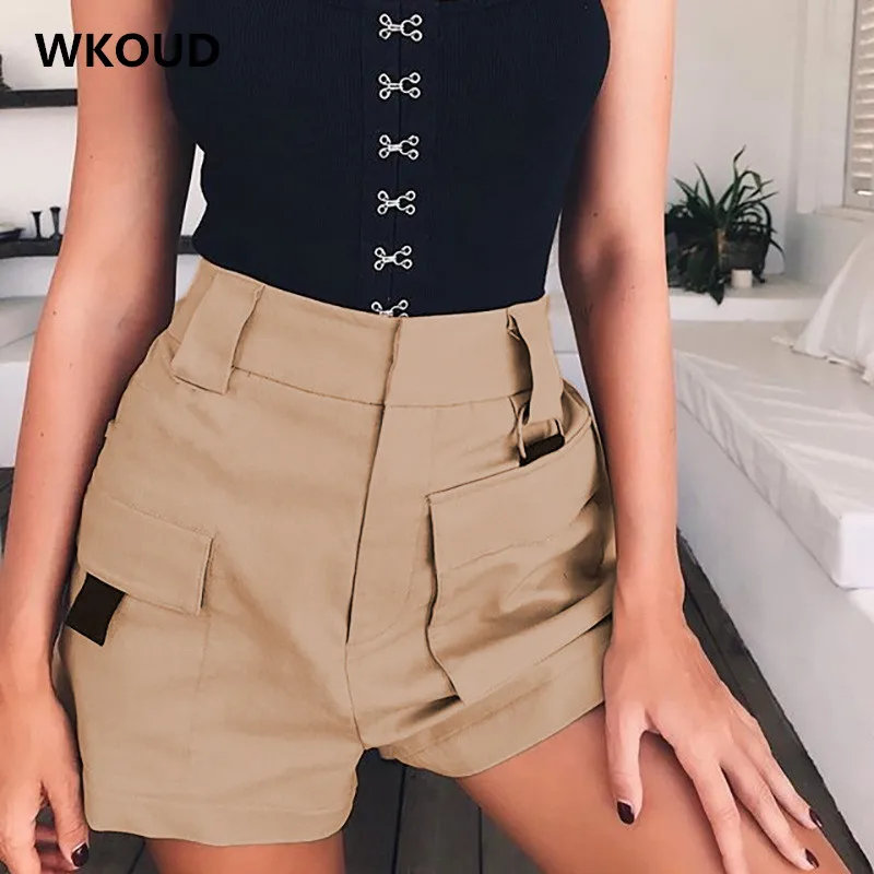 

WKOUD 2019 Summer Shorts Women Casual Khaki Harem Shorts Fashion High Waist Short Pants With Pockets 3 Color Bottoms DK6012