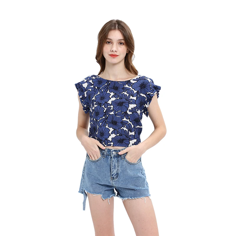 

Fashion sexy halter ruffled short sleeves tie cotton loose T-shirt