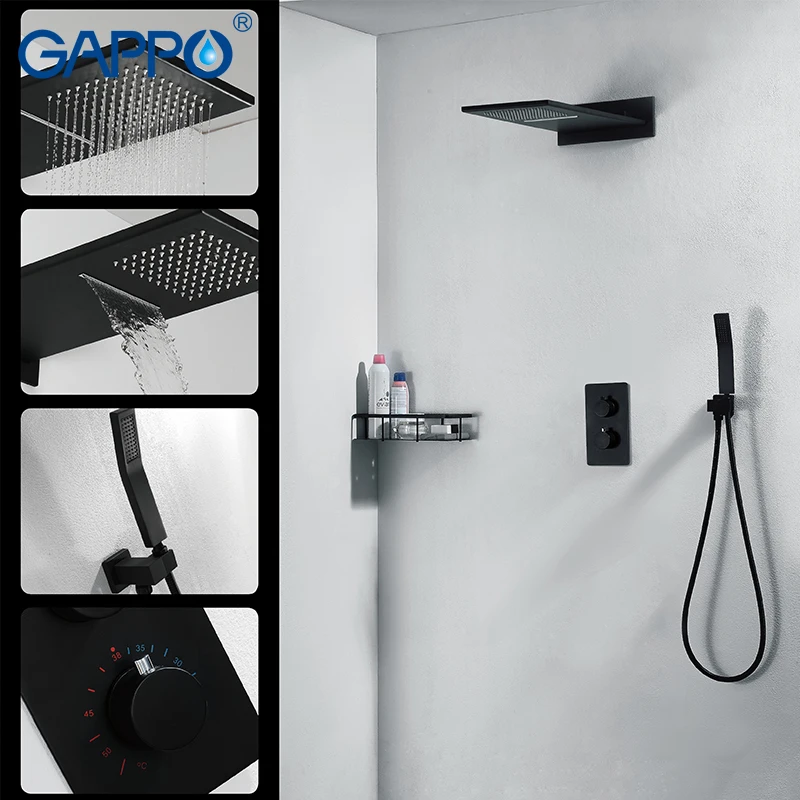 

GAPPO Shower faucets black Thermostatic waterfall shower faucet sets wall mounted rainfall shower set Multifunction faucets