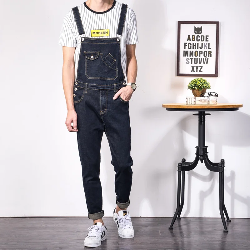 Fashion Men's Overalls Jeans Slim Homme Skinny Black Denim Jumpsuits