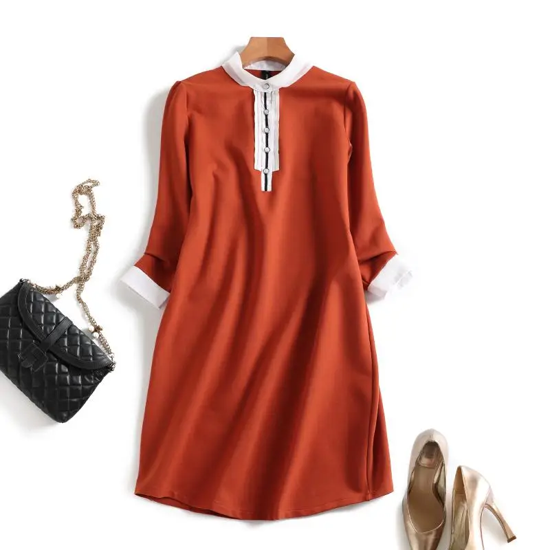 Новинка, осенняя уличная одежда, ТРАПЕЦИЕВИДНОЕ однотонное платье с рукавом три четверти, с аппликацией, длиной до колена, с воротником в стиле ампир Питер Пэн, женское платье - Цвет: Orange