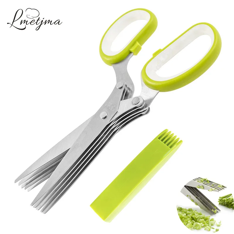 LMETJMA многофункциональные ножницы из нержавеющей стали с 5 лезвиями, кухонные ножницы для овощей, измельчитель с щеткой для чистки LK0912C