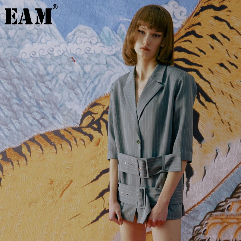 

[EAM] 2019 New Autumn Winter Lapel Long Sleevegray Striped Printed Split Joint Buckleloose Jacket Women Coat Fashion JQ204