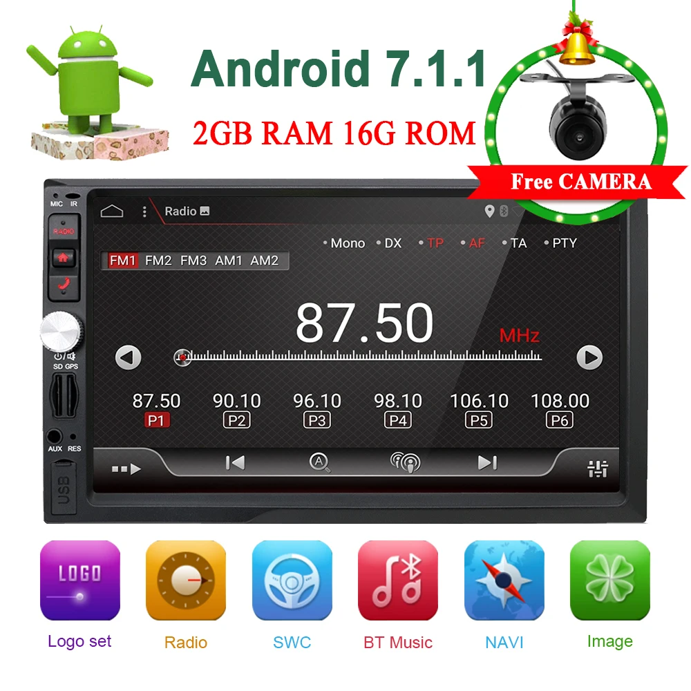 

2 Din Autoradio 7 inch LCD Touch Screen 2din Car Radio Android 7.1 MP3 MP5 Player Bluetooth USB AUX Free Rear Camera+SD Map Card