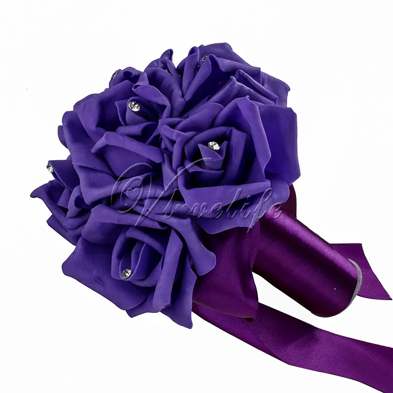 Прекрасный свадебный букет искусственных цветов невесты с 6 пеной Розовая Атласная Лента бант для свадебных декораций - Цвет: purple