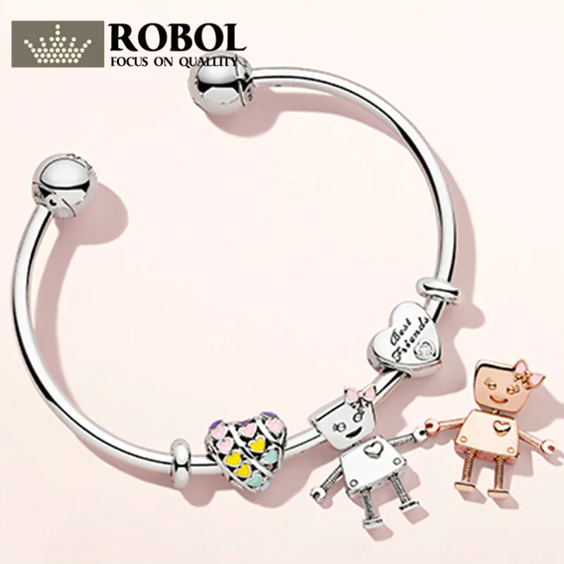 

ROBOL 100% Sterling Silver New 1:1 Charm New Robot Friend Bracelet Sun-Filled Robot Bracelets For Women