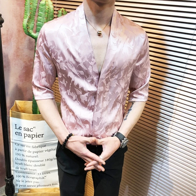 Сексуальный пуловер с глубоким v-образным вырезом, мужская рубашка, лето, блестящие стильные рубашки для мужчин, жаккард, Облегающая рубашка, Мужская корейская мода