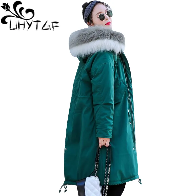 

UHYTGF Women jackets Fur collar Hooded Jacket women Padded Cotton Down Winter Coat Thicken Long Parka Womens Coats Plus size 136