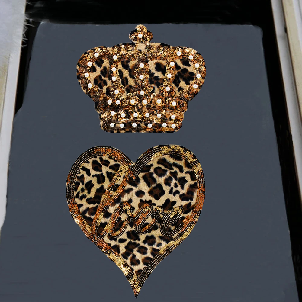 

2PC Embroidery Fur Love Heart Sequin Bear Bead Crown Patch Leopard Print Motifs Applique for Fashion T-shirt DIY Sewing P99