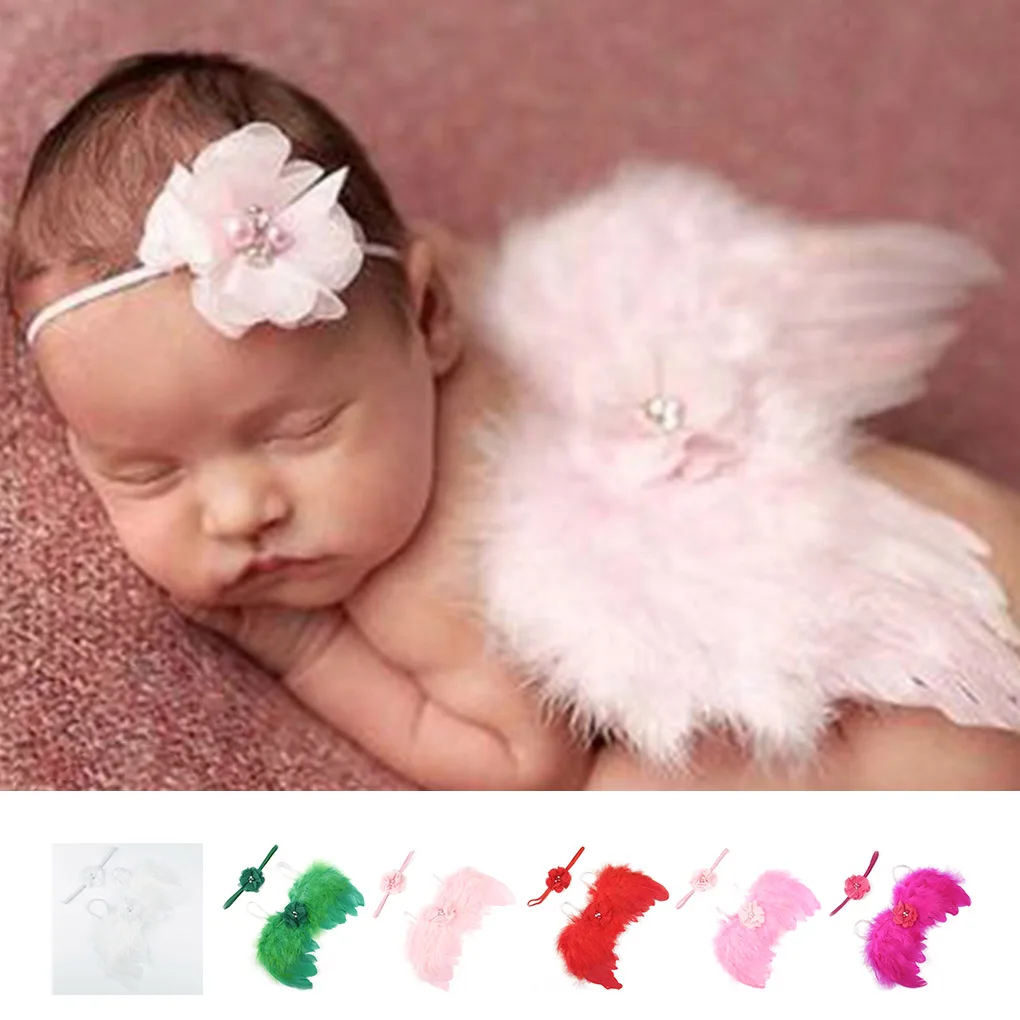Новорожденный сплошной цвет угол крылья из перьев и цветок повязка на голову фотография костюм для фотосессии детская одежда, для грудных детей