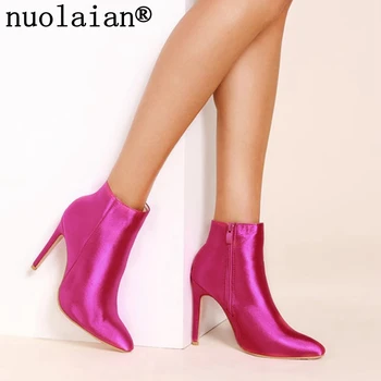 

Womens 10CM High Heel Winter Boots Faux Fur Snow Shoes Lady High Heels Woman Motorcycle Ankle Boots Platform Punk Boot Silk Shoe