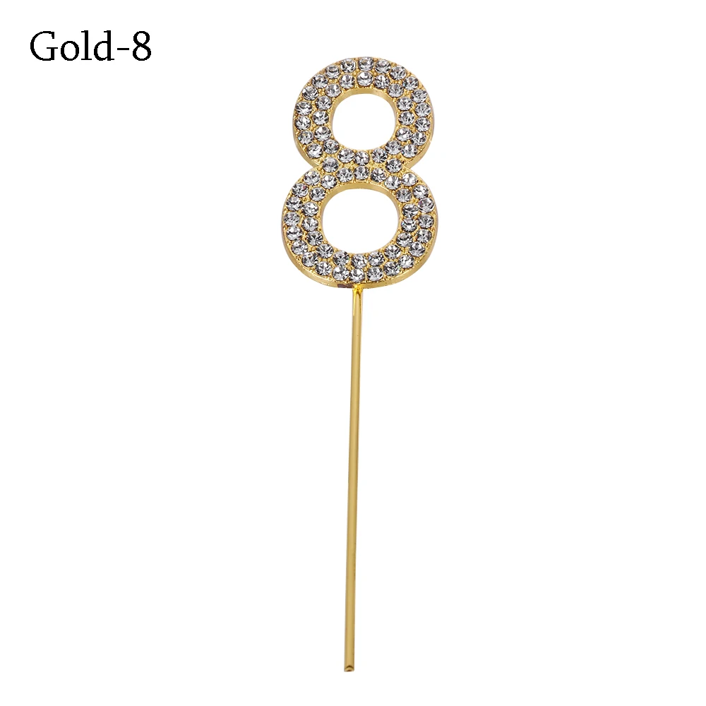 Gold-8 1 шт., топпер для торта с цифрами "0-9", золотой Шипованный бриллиант, Топпер для торта на десерт, годовщину, день рождения, украшение, свадебные принадлежности - Цвет: Gold-8