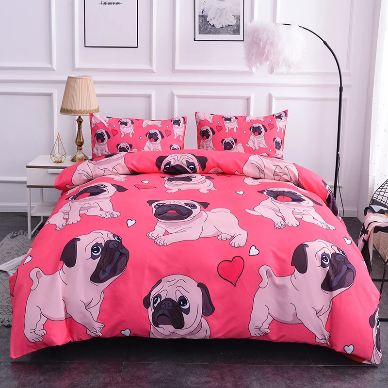

Boniu Cartoon Bed Set for Kids Hippie Pug Bedding Set Cute Animal Bulldog Print Duvet Cover with Pillow Cover Queen Size Bedding