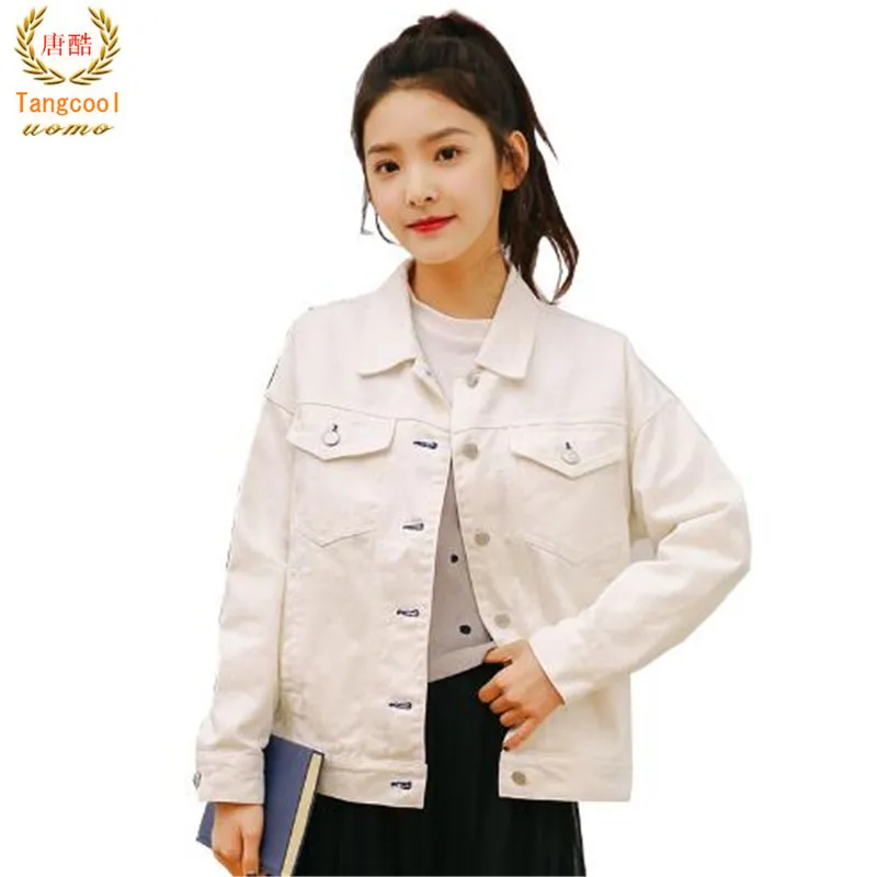 Tangcool 2018 Women Short Jeans Overcoat Ladies Jackets Long Sleeve White pink Short Jeans
