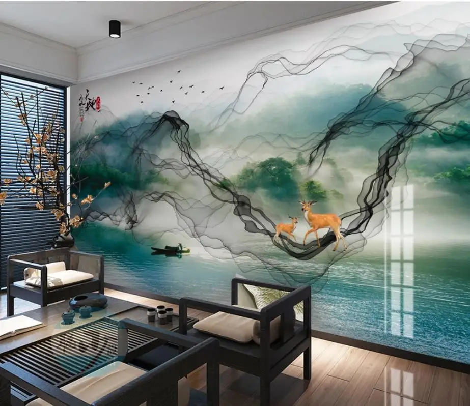 beautiful scenery Modern minimalist abstract artistic conception line landscape painting new Chinese mural TV background wall beautiful scenery Modern minimalist abstract artistic conception line landscape painting new Chinese mural TV background wall