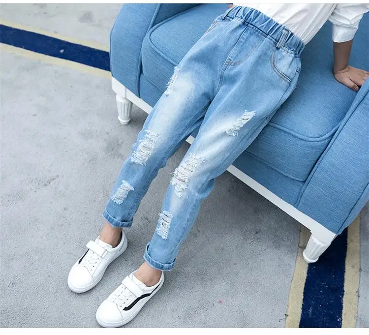 Весенние рваные повседневные джинсы для девочек-подростков Детские рваные джинсовые брюки леггинсы с эластичной резинкой на талии для От 3 до 12 лет детей; Q73