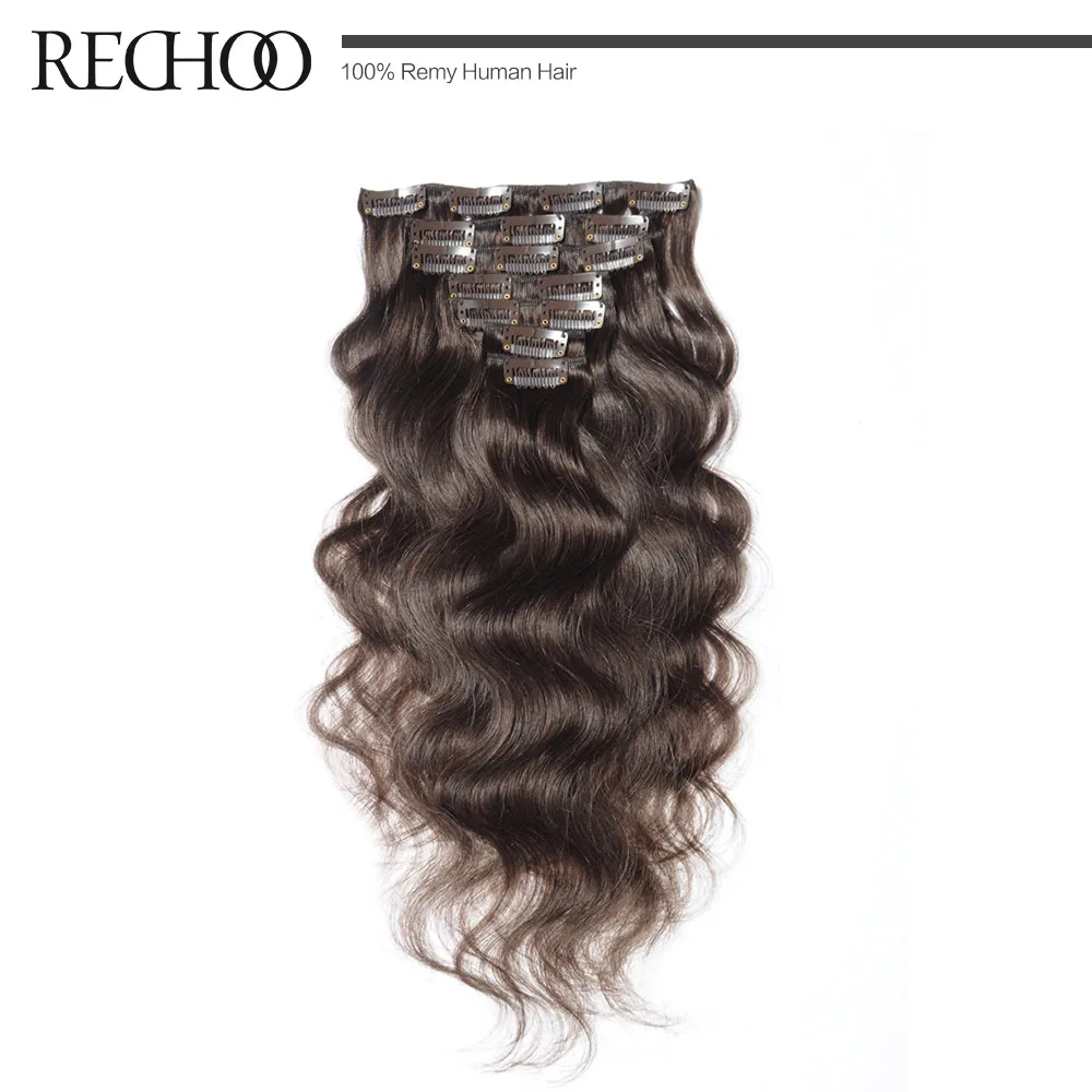 Rechoo Machine Made Remy Brazilian Clip In Hair Extensions Body Wave Human Hair Full Head Set 100g/set #4 Color with Hair Clip