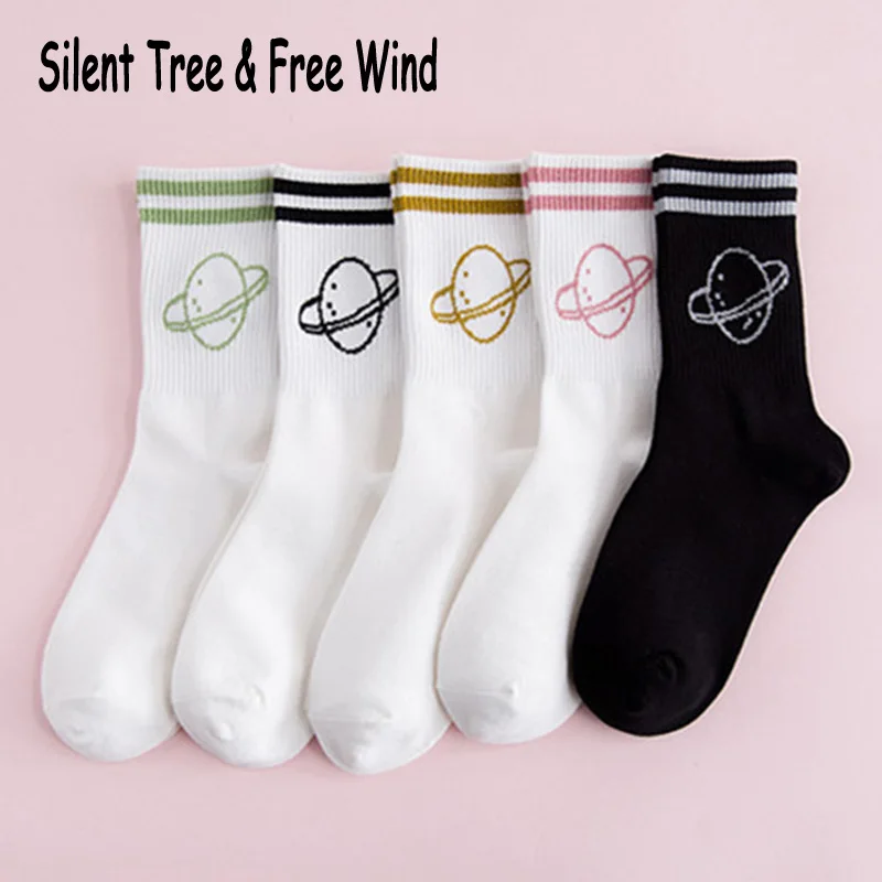 

Novelty Women Saturn Planet Patterned Crew Socks New Fashion Harajuku Women's Star Striped Skateboard Cotton Long Sock