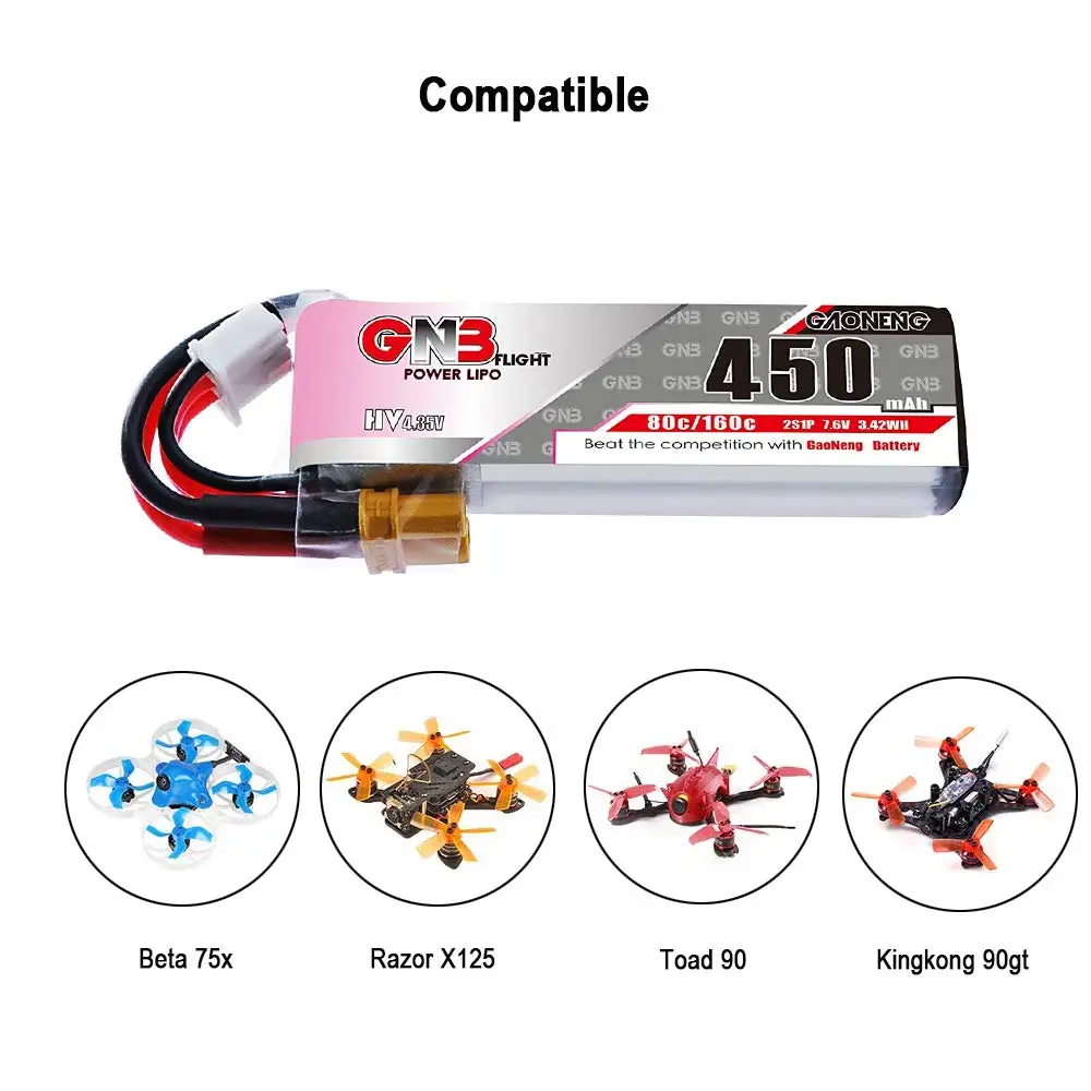 2 шт. GNB 450mAh 2S LiPo батарея HV 7,6 V 80C XT30 разъем для FPV гоночный Дрон 2S Whoops мини-самолет Маленький Ястреб дроны