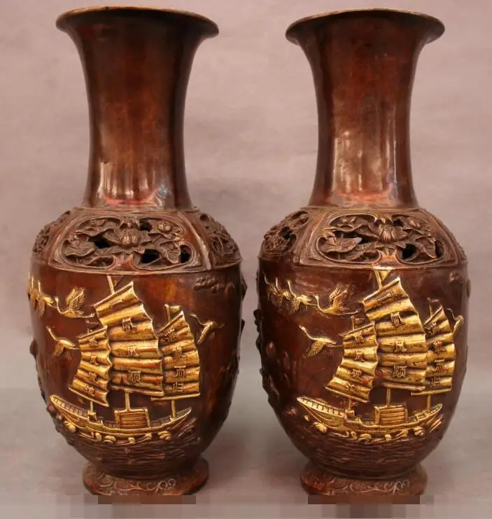 

S06994 13" Folk Chinese Bronze Gilt Crane Fish Lotus Boat Statue Flower Vase Pot Pair discount 30% (C0324)