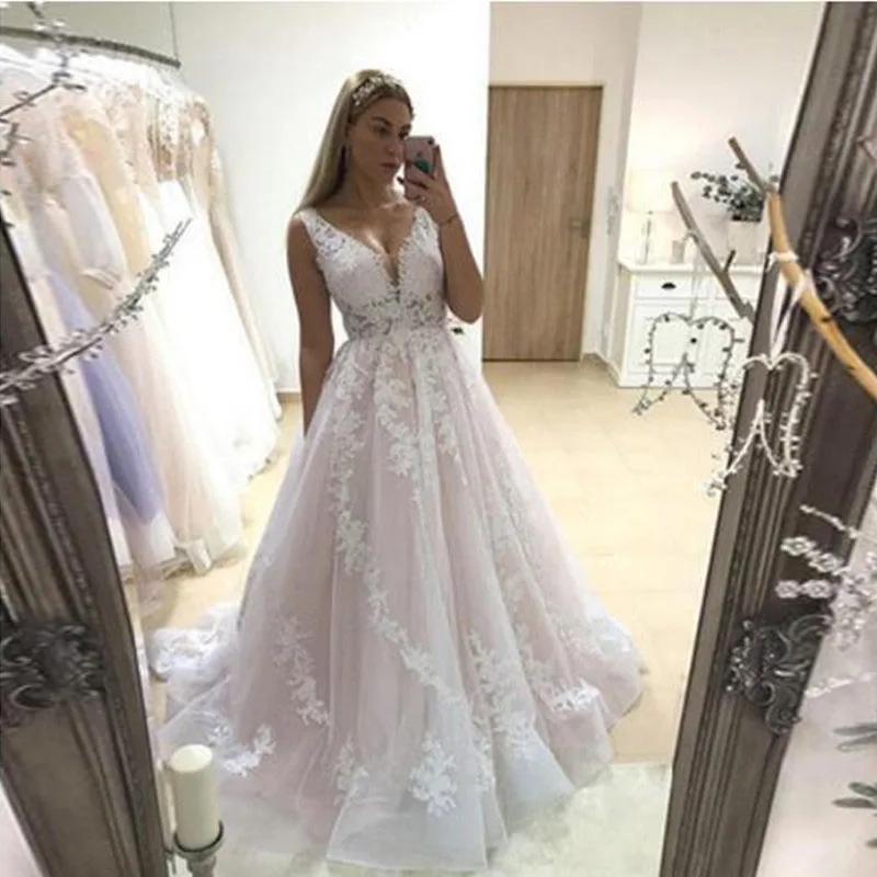 Vestido De Noiva V Neck Wedding Dresses Floor Length Applique Sleeveless A Line Bridal Dress | Свадьбы и торжества