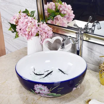 

Hand Painted Hotel Washbasin Porcelain China Classic Painting Art fish blue Countertop Ceramic Bathroom Sink wash basin